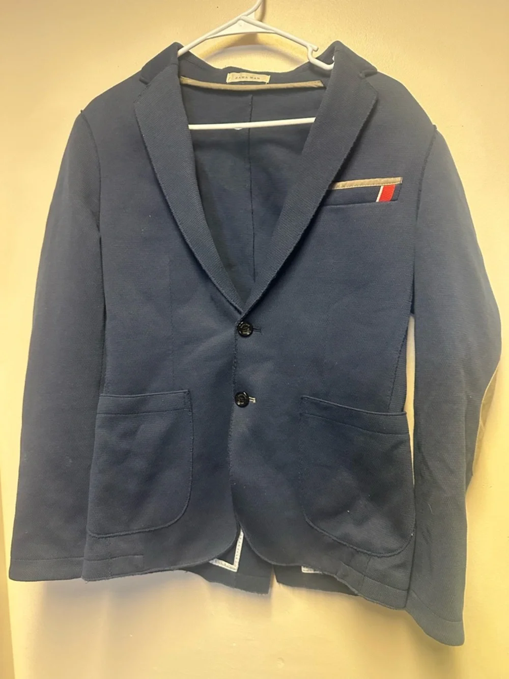 Vtg Zara Man Navy Knit Blazer with Red & Gray Chest Trim